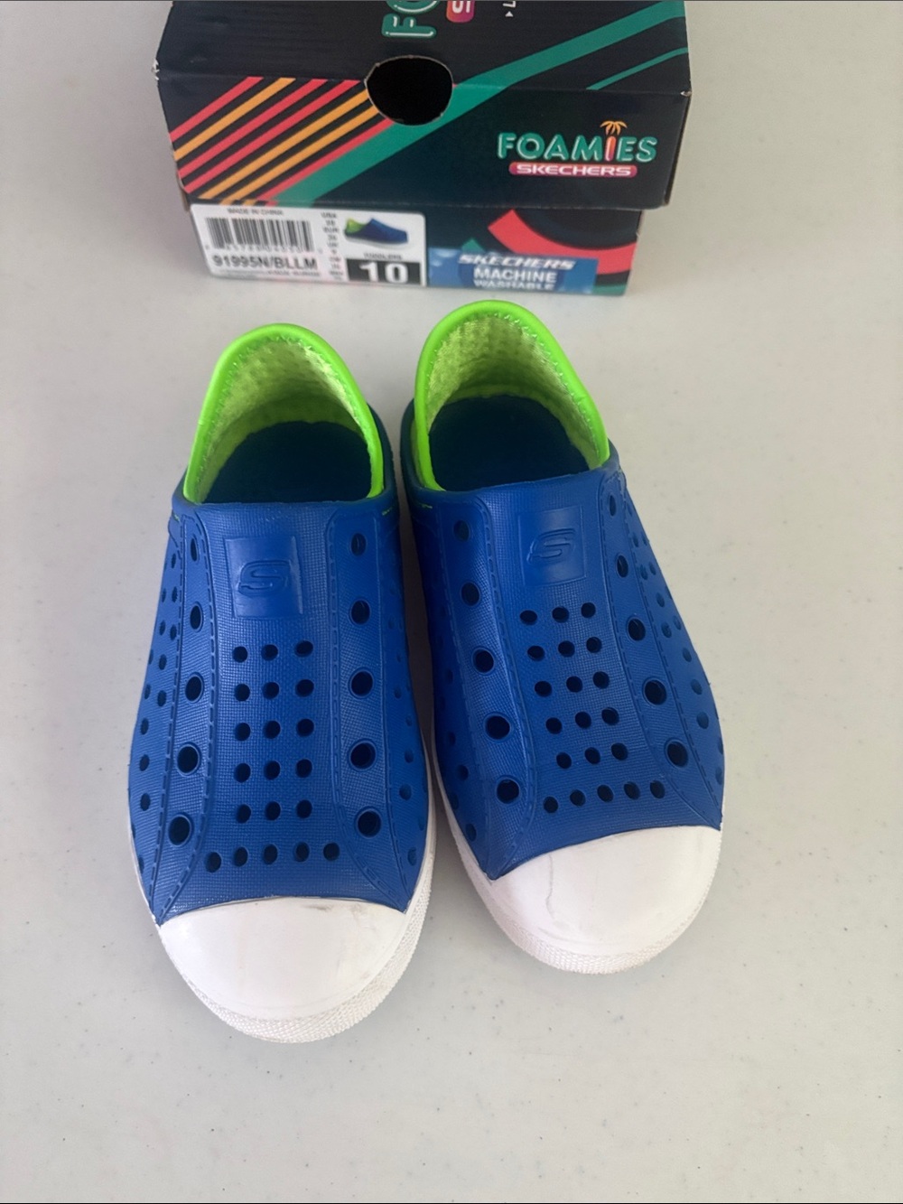 Skechers Kids Blue Foamies Slip-On Water Shoes with Neon Green Lining